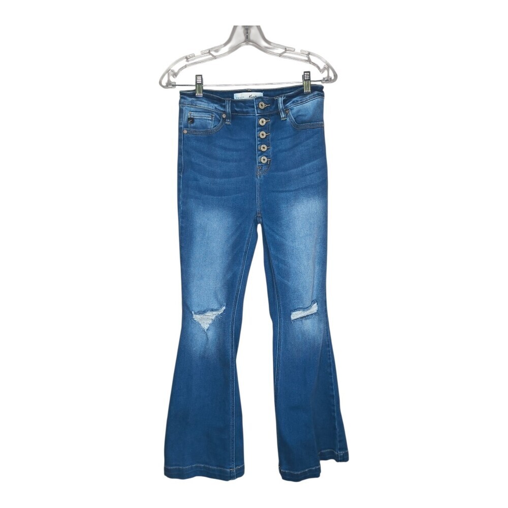 Kancan Flared Jeans Women's 7/27 Petite High Rise Button Fly Flare Distressed
